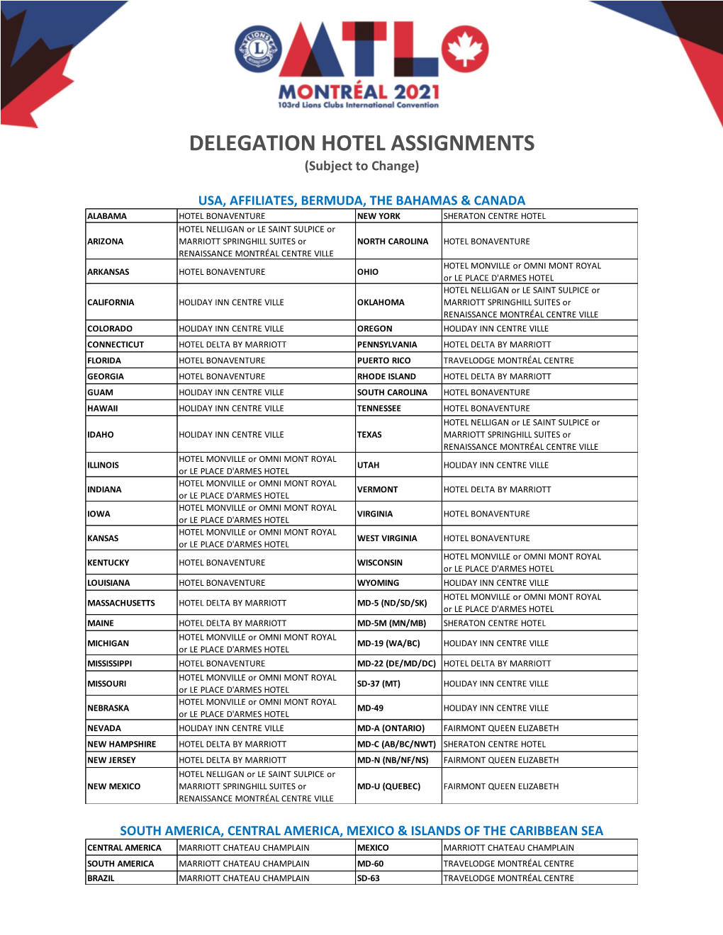 DELEGATION HOTEL ASSIGNMENTS (Subject to Change)