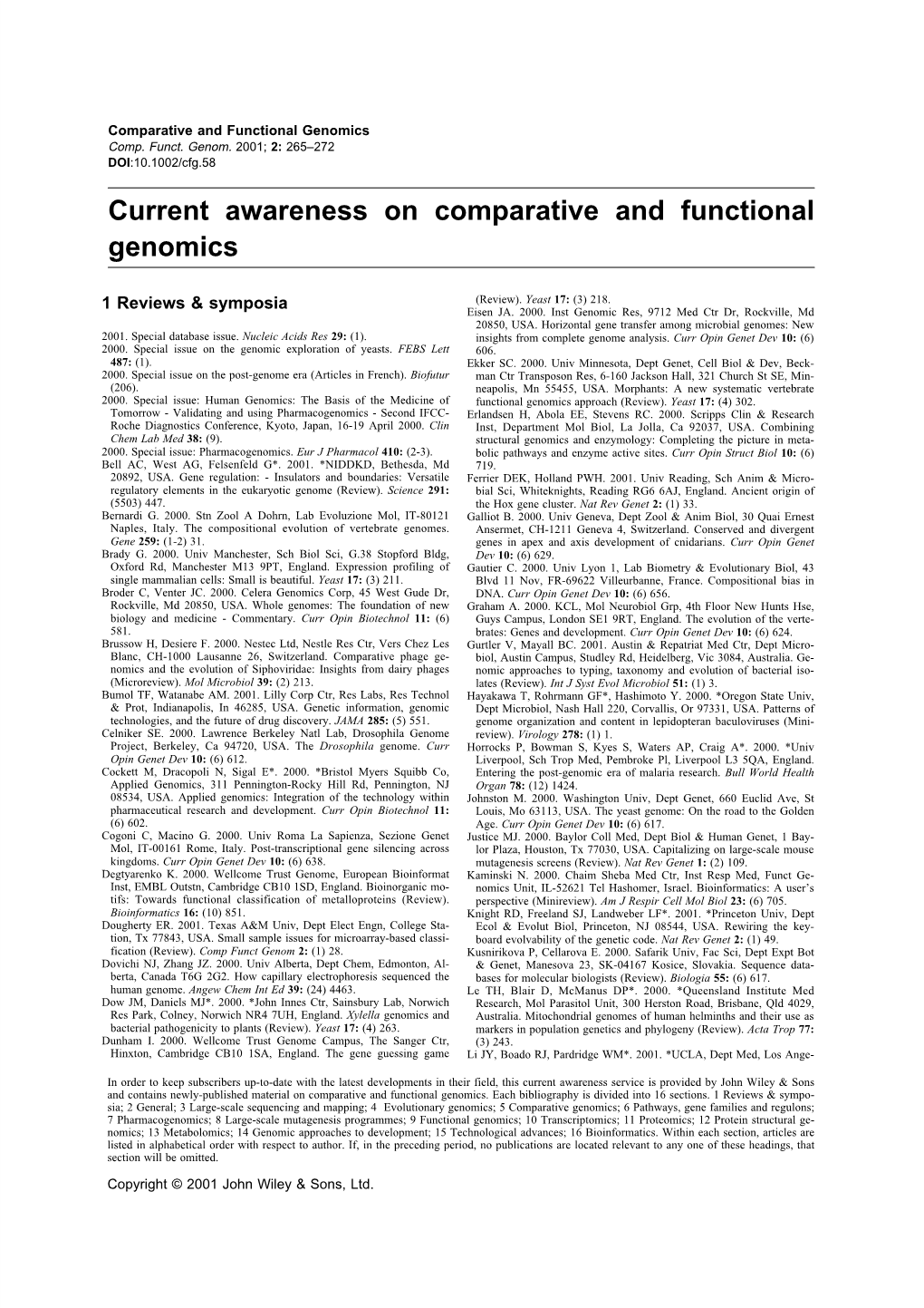 Current Awareness on Comparative and Functional Genomics