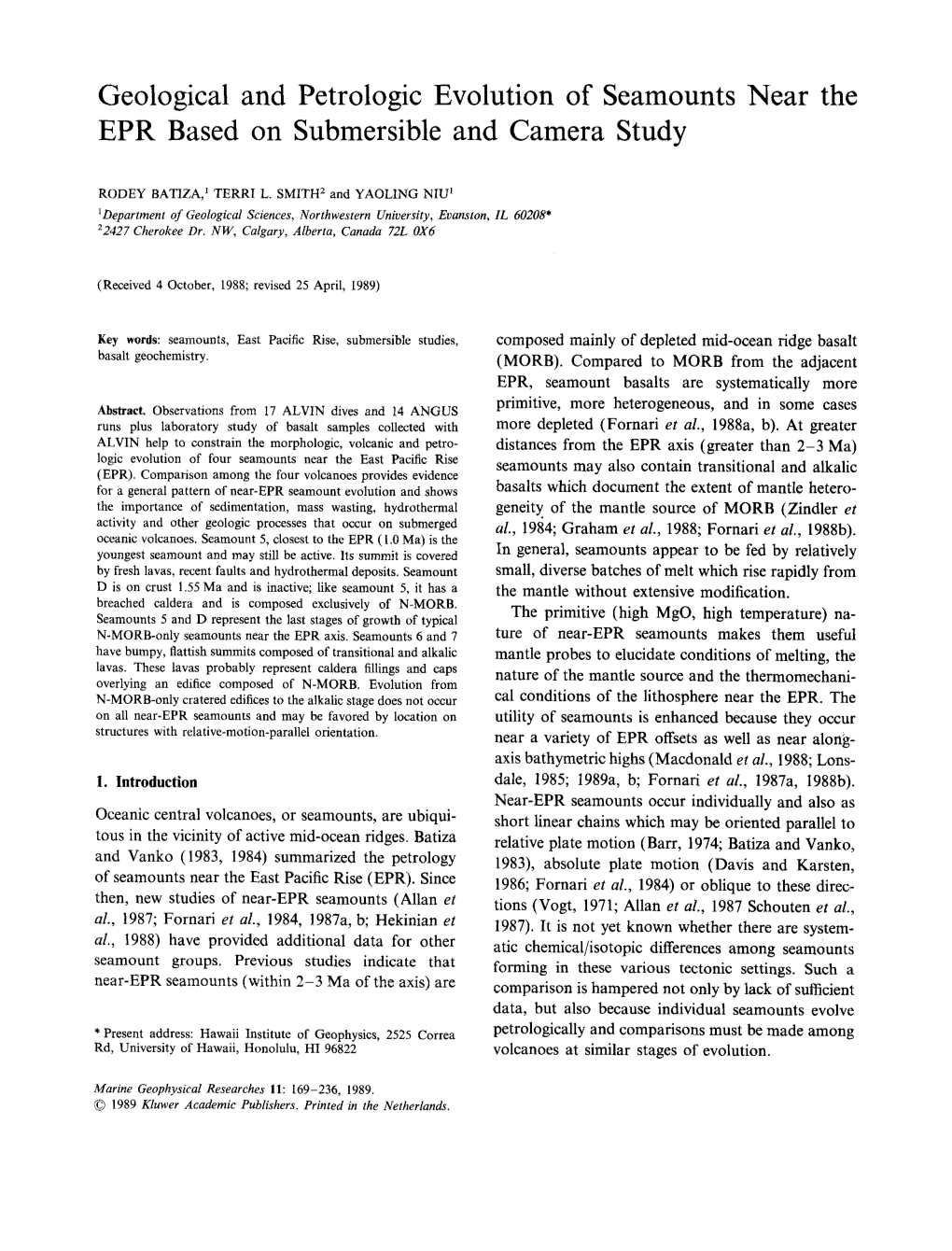 Geological and Petrologic Evolution of Seamounts Near the EPR Based on Submersible and Camera Study