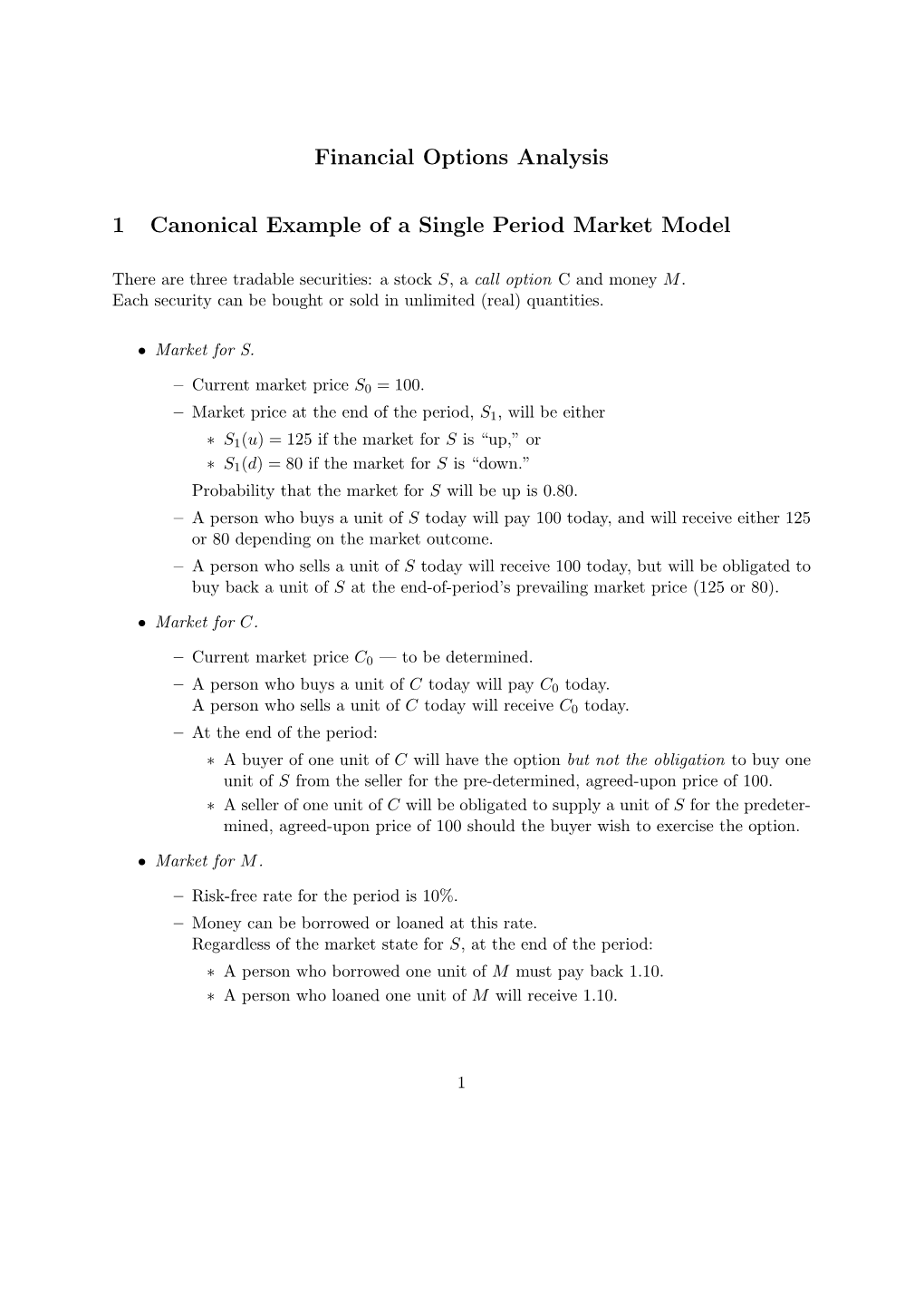 Financial Options Analysis 1 Canonical Example of a Single