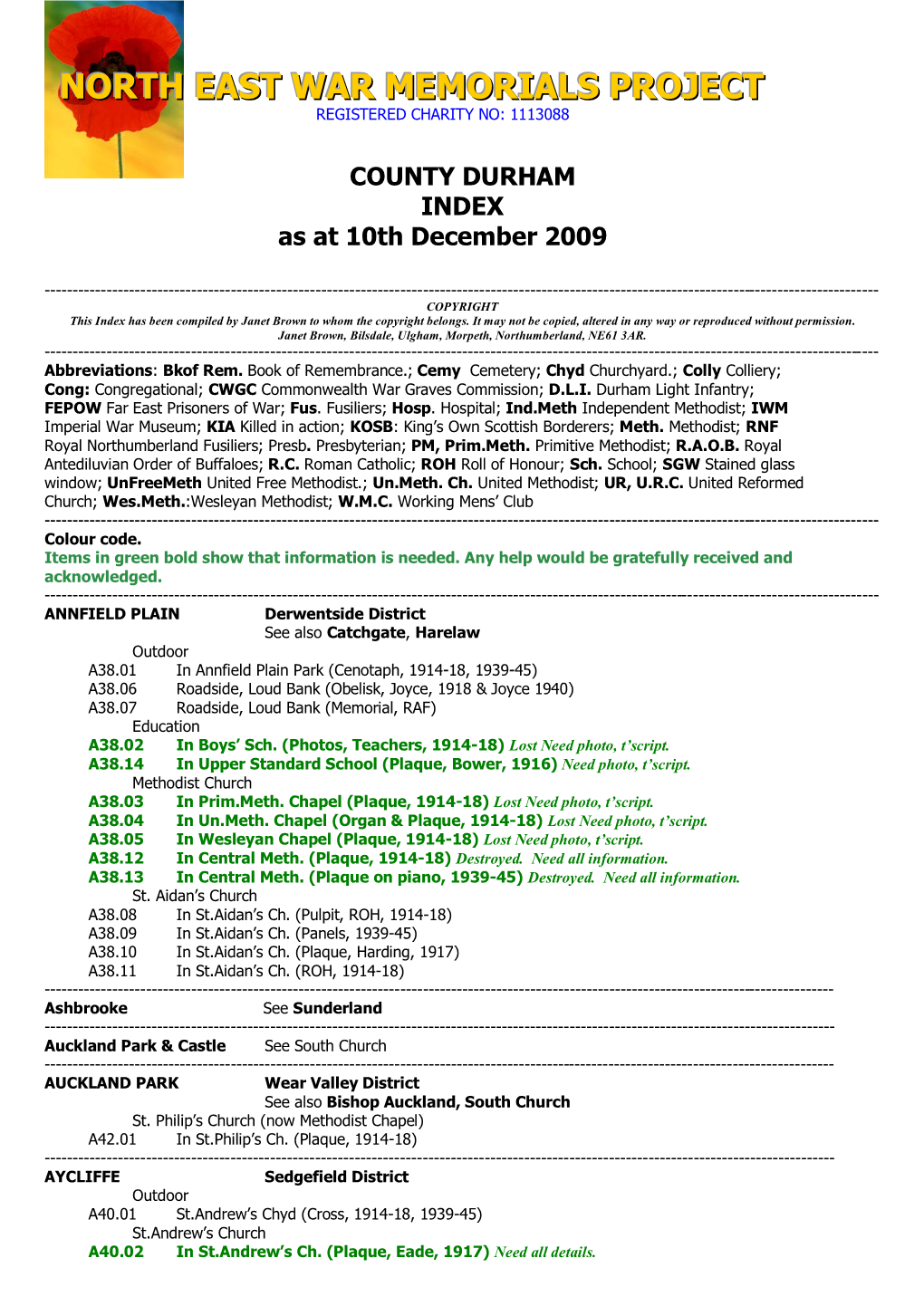 COUNTY DURHAM INDEX As at 10Th December 2009