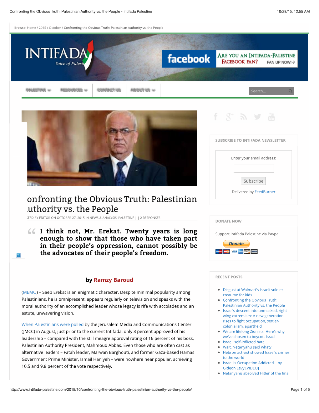 Palestinian Authority Vs. the People - Intifada Palestine 10/28/15, 12:55 AM