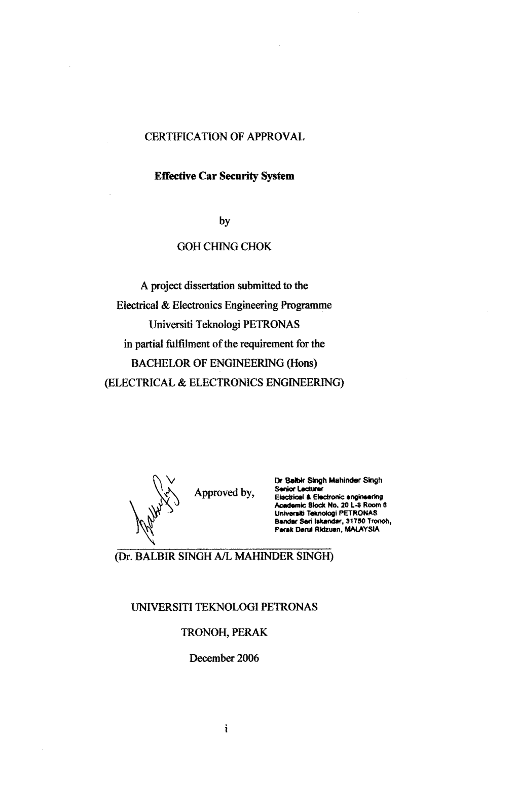 Approved By, Etecwc«L a Electronic •Nofnearirvff Academic Block No