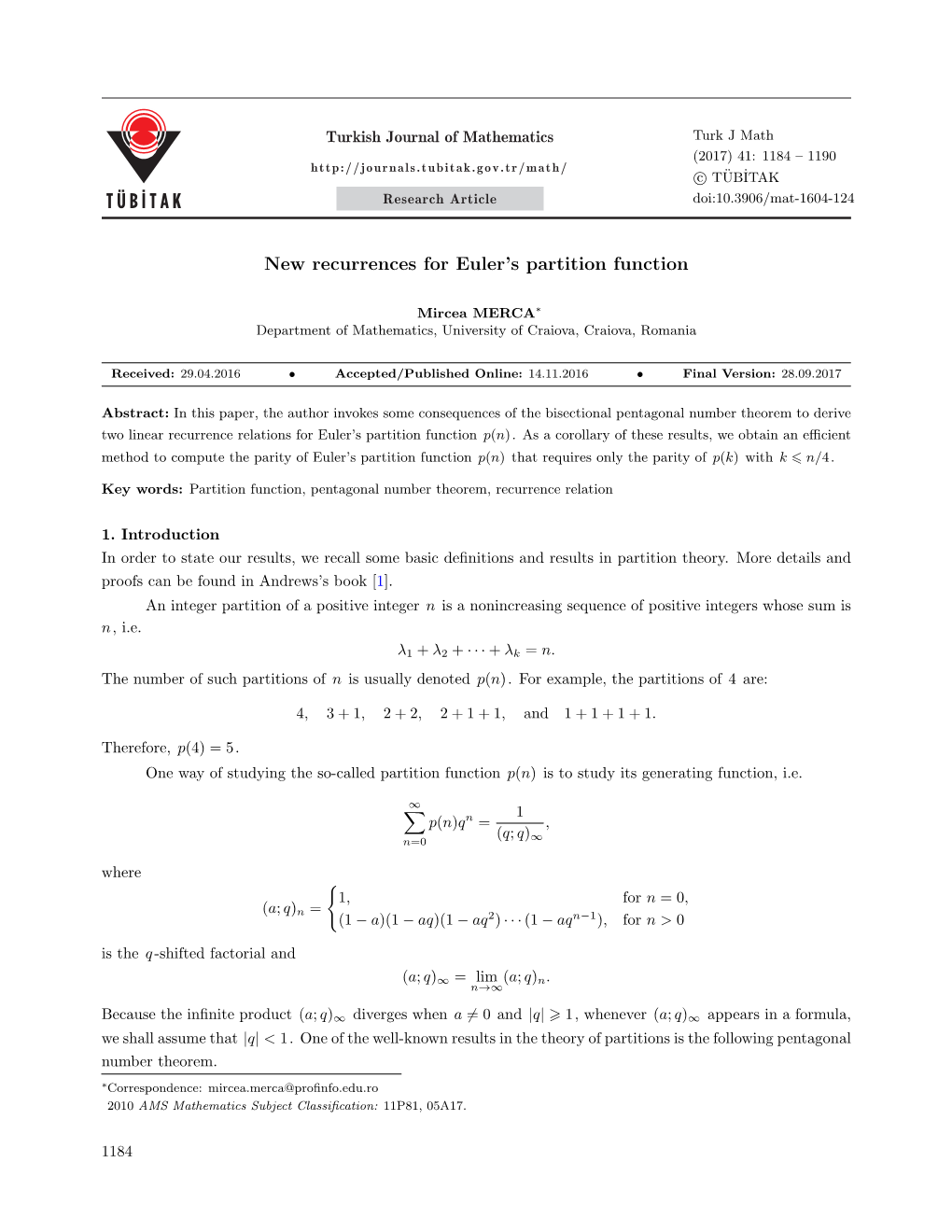 New Recurrences for Euler's Partition Function