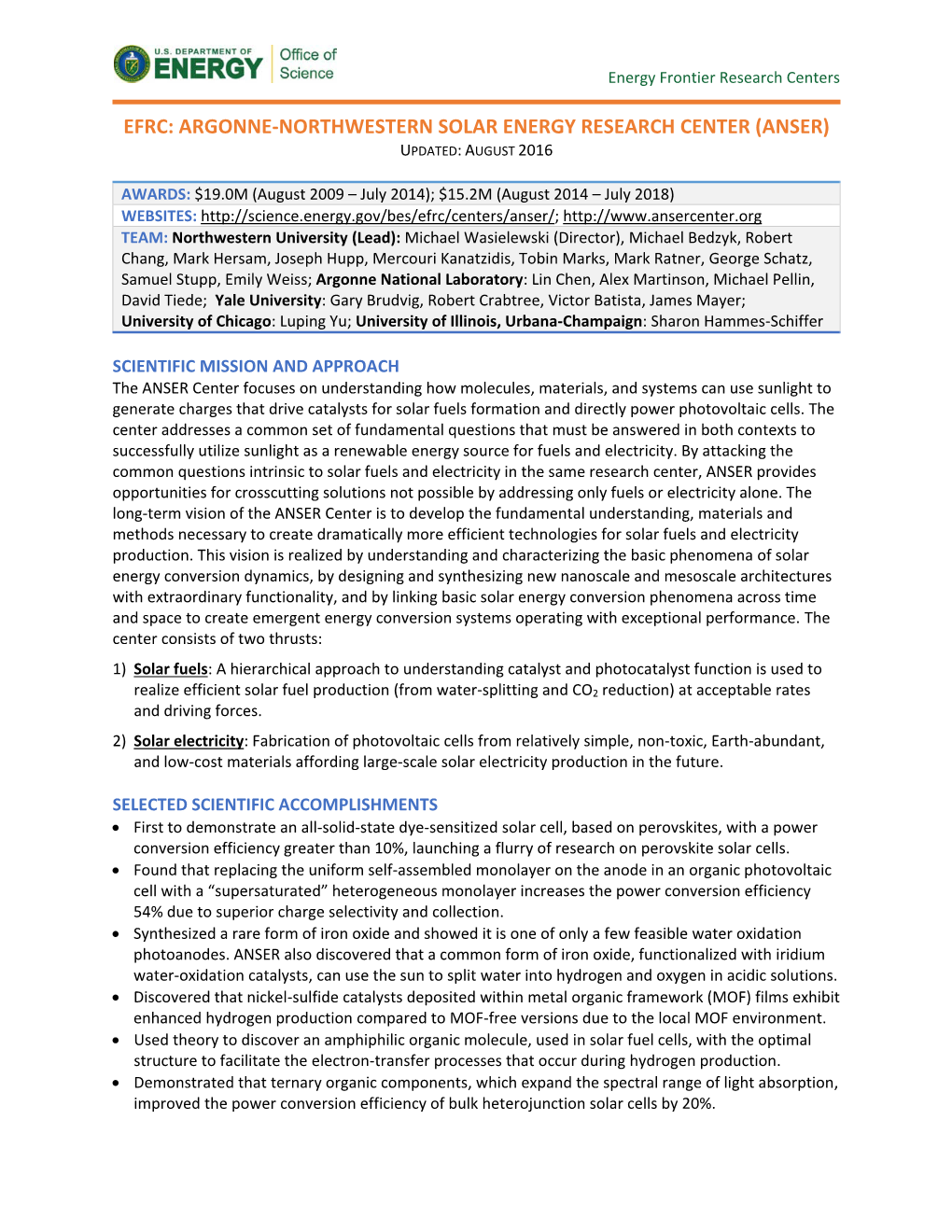 Argonne-Northwestern Solar Energy Research Center (Anser) Updated: August 2016