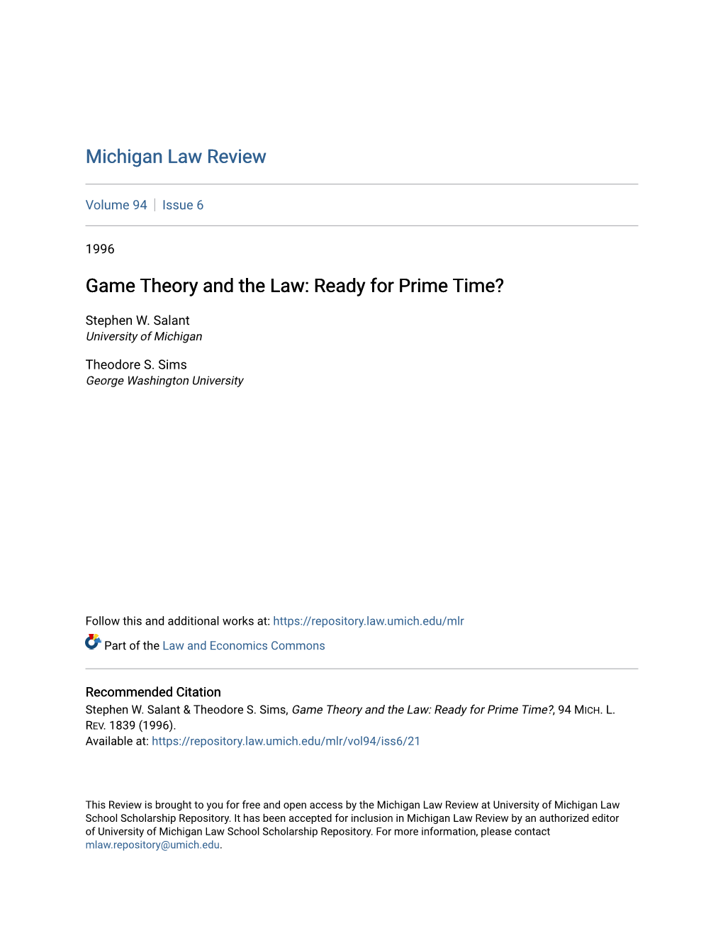 Game Theory and the Law: Ready for Prime Time?