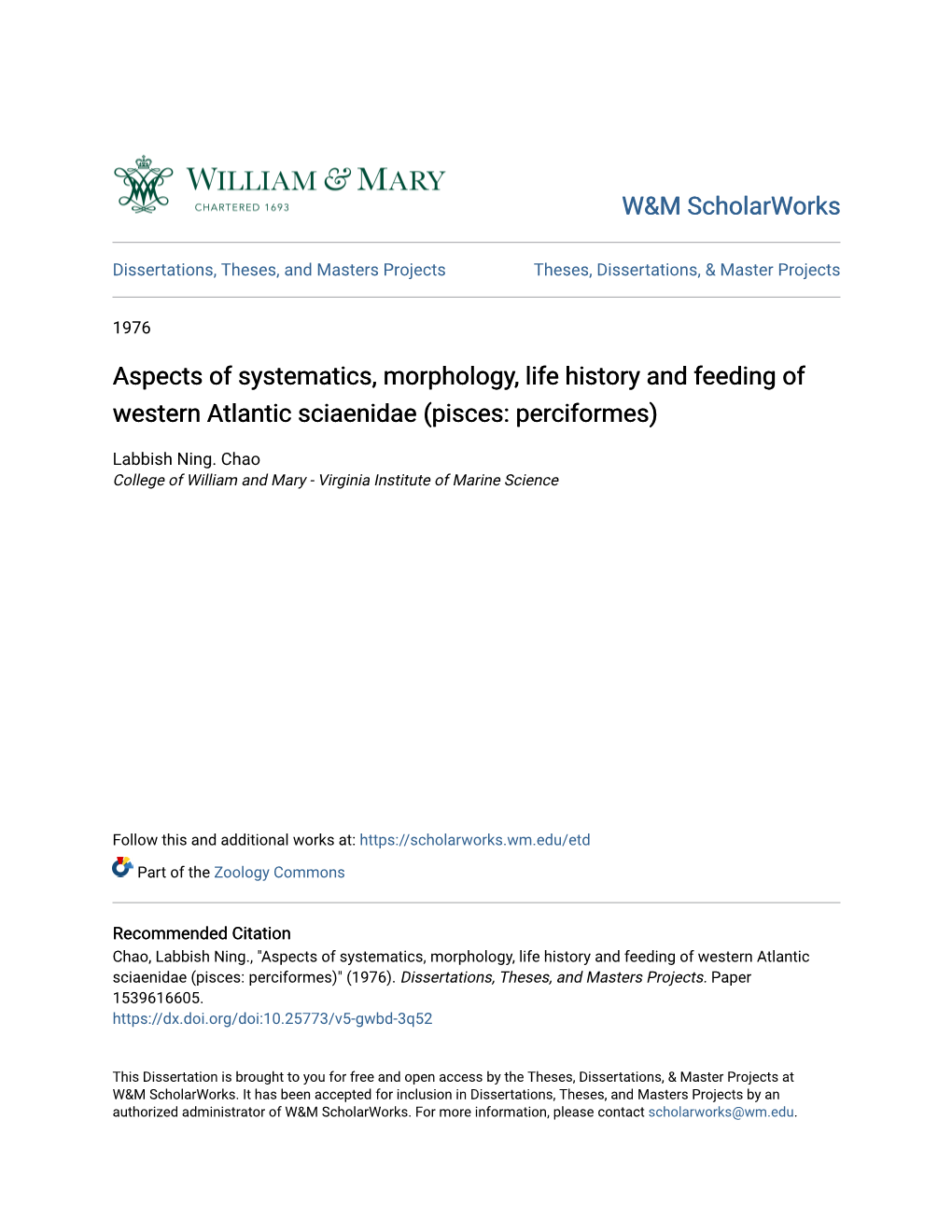 Aspects of Systematics, Morphology, Life History and Feeding of Western Atlantic Sciaenidae (Pisces: Perciformes)