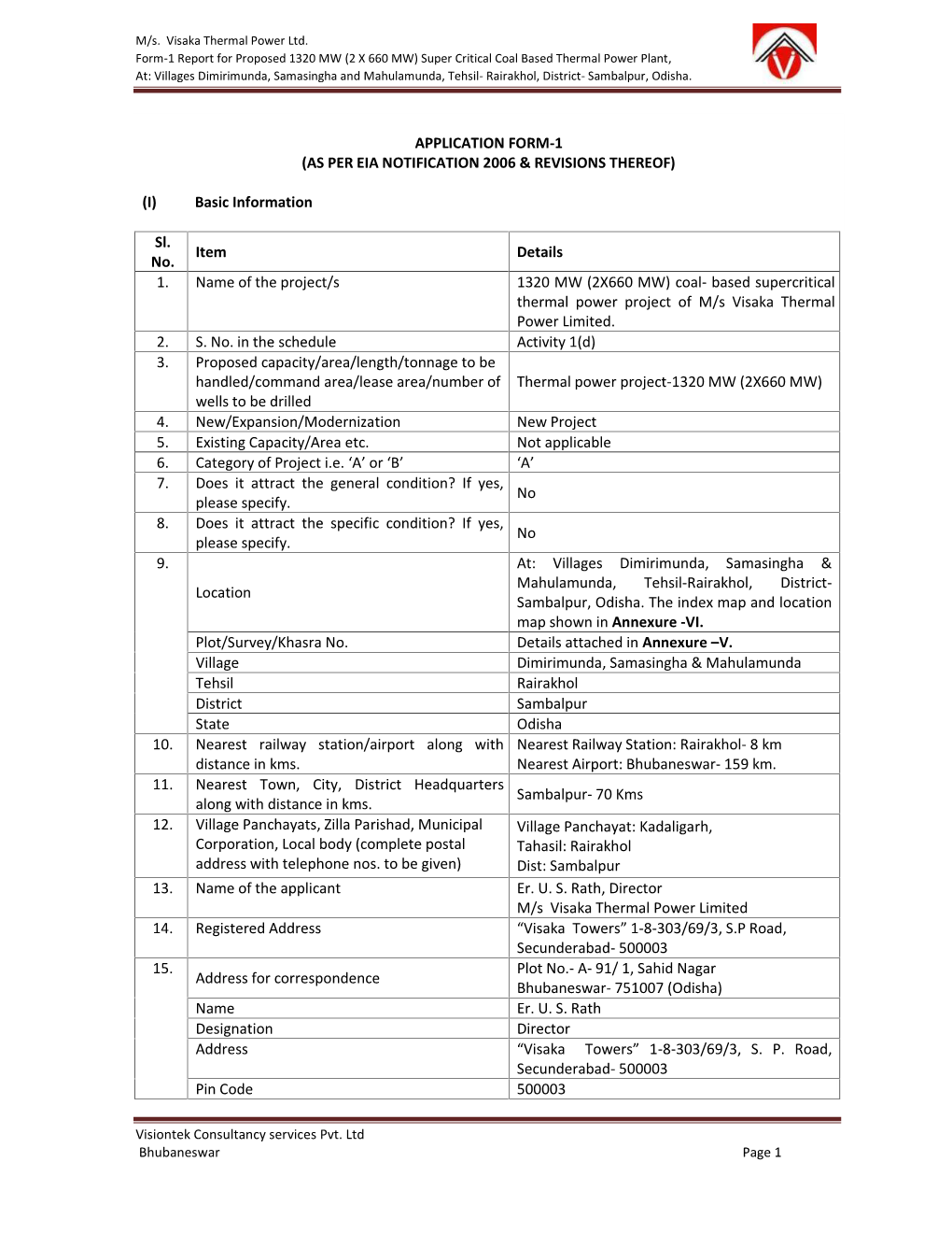 Application Form-1 (As Per Eia Notification 2006 & Revisions Thereof)