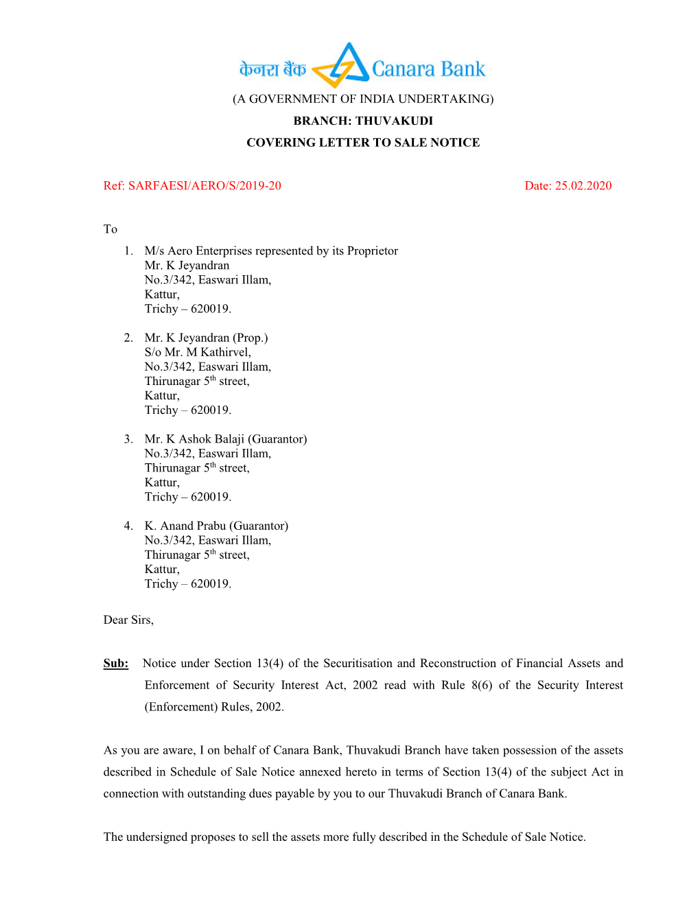 Thuvakudi Covering Letter to Sale Notice