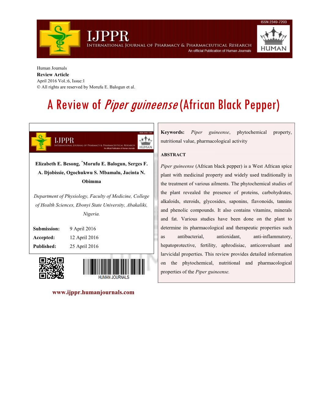 A Review of Piper Guineense(African Black Pepper)