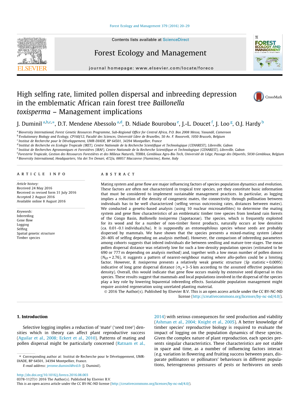 High Selfing Rate, Limited Pollen Dispersal and Inbreeding Depression in the Emblematic African Rain Forest Tree Baillonella