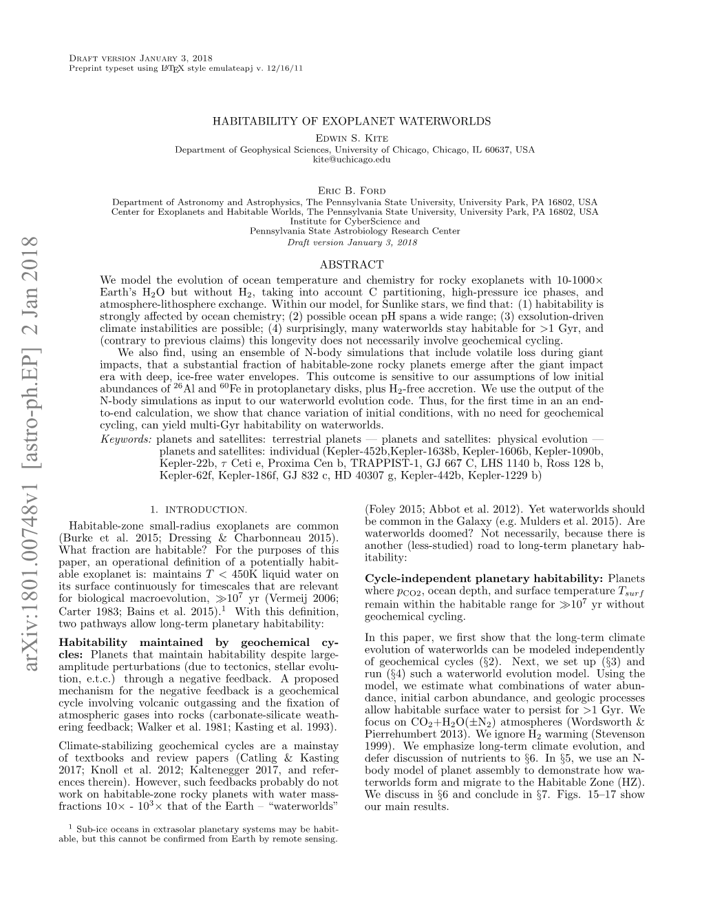 Arxiv:1801.00748V1 [Astro-Ph.EP] 2 Jan 2018 Amplitude Perturbations (Due to Tectonics, Stellar Evolu- Tion, E.T.C.) Through a Negative Feedback