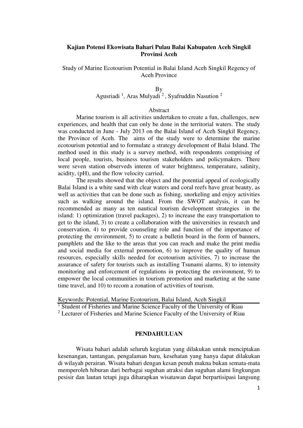 Kajian Potensi Ekowisata Bahari Pulau Balai Kabupaten Aceh Singkil Provinsi Aceh