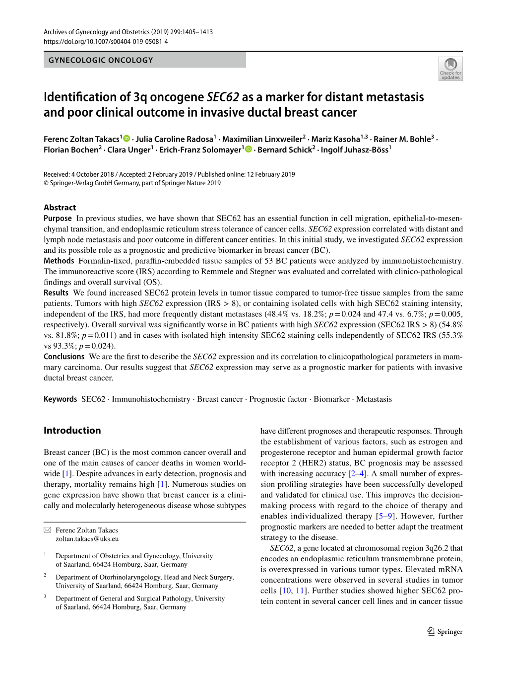 Identification of 3Q Oncogene SEC62 As a Marker for Distant Metastasis and Poor Clinical Outcome in Invasive Ductal Breast Cance