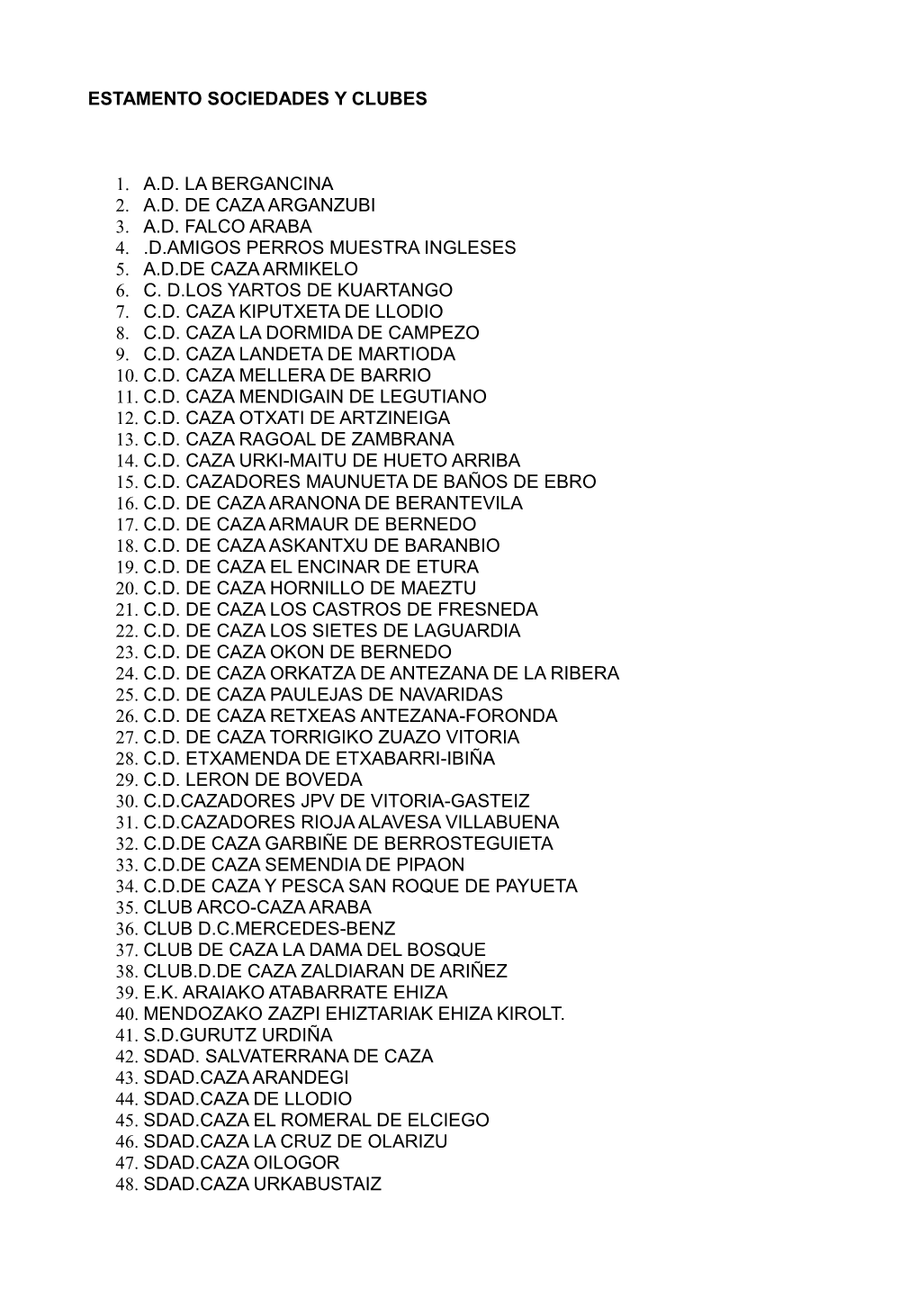 Estamento Sociedades Y Clubes 1. A.D. La Bergancina 2. A.D. De Caza Arganzubi 3. A.D. Falco Araba 4. .D.Amigos Perros Muestra In