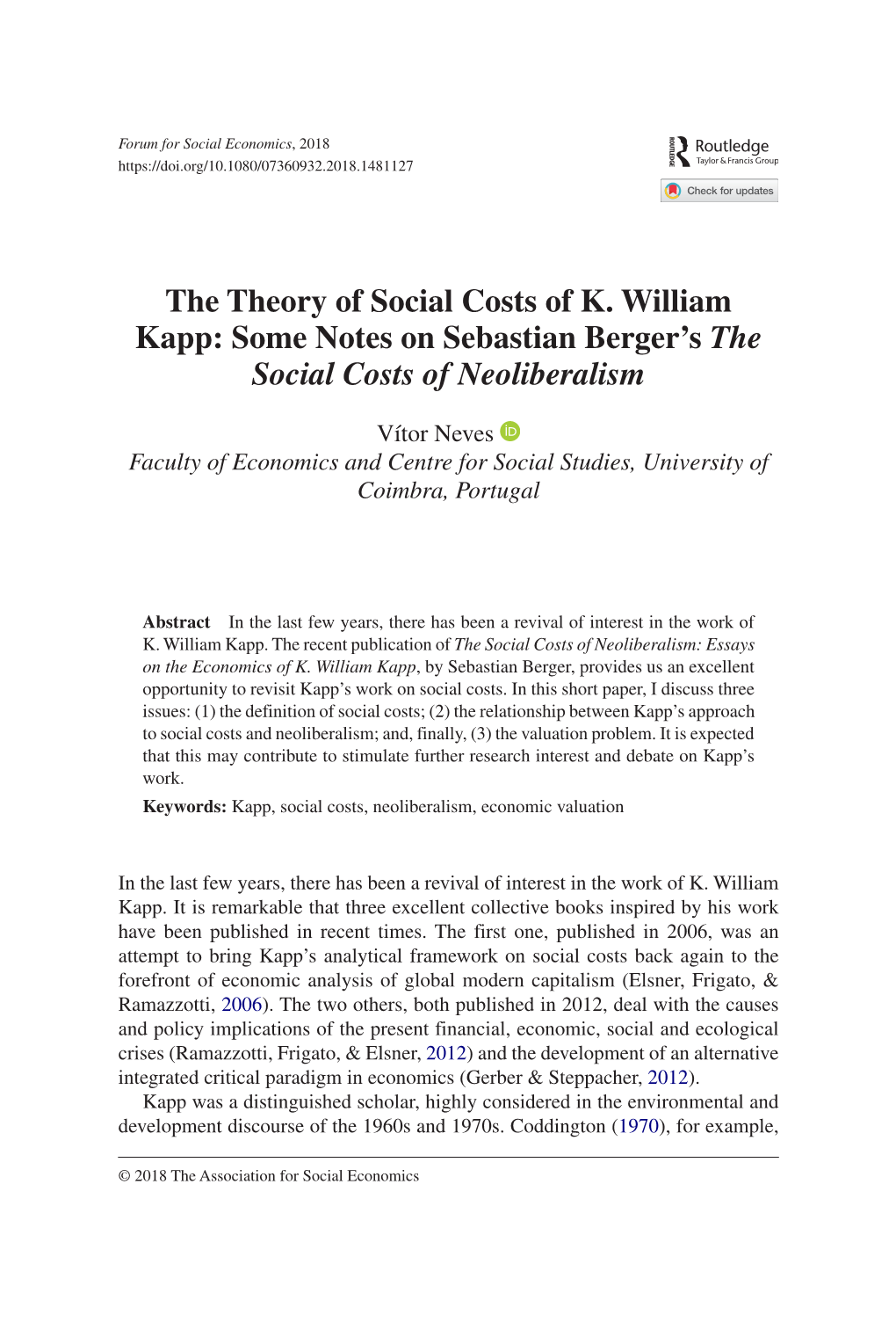 The Theory of Social Costs of K. William Kapp: Some Notes on Sebastian Berger’S the Social Costs of Neoliberalism