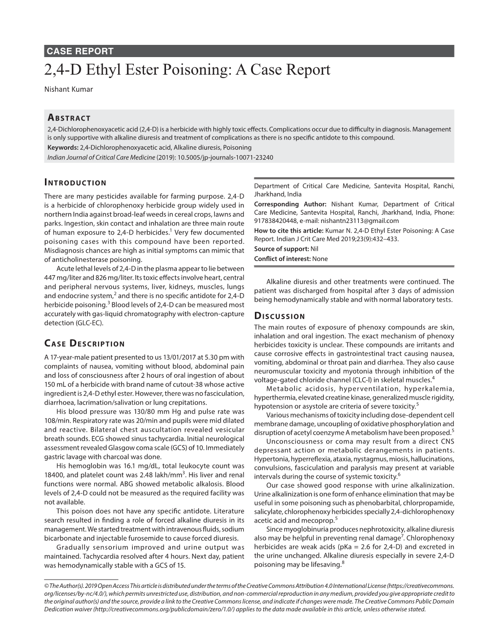 2,4-D Ethyl Ester Poisoning: a Case Report Nishant Kumar