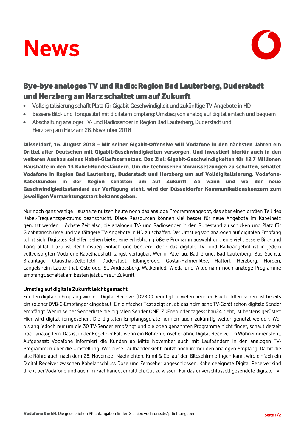 Bye-Bye Analoges TV Und Radio: Region Bad Lauterberg, Duderstadt Und Herzberg Am Harz Schaltet Um Auf Zukunft