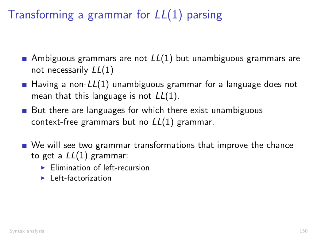 Syntax Analysis 150 Left-Recursion the Following Expression Grammar Is Unambiguous but It Is Not LL(1)