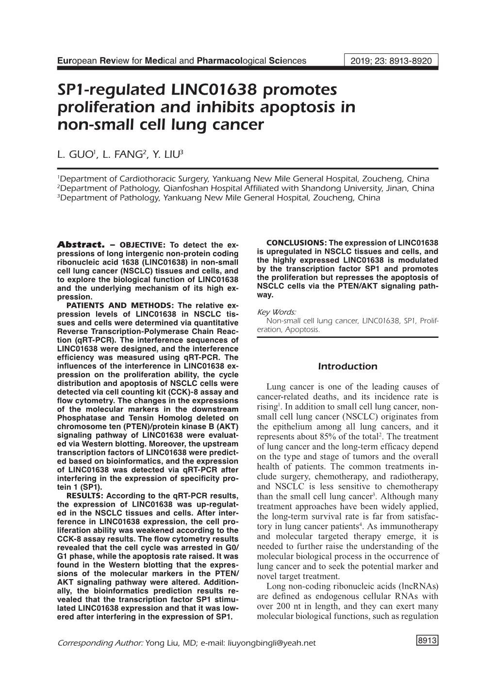 SP1-Regulated LINC01638 Promotes Proliferation and Inhibits Apoptosis in Non-Small Cell Lung Cancer