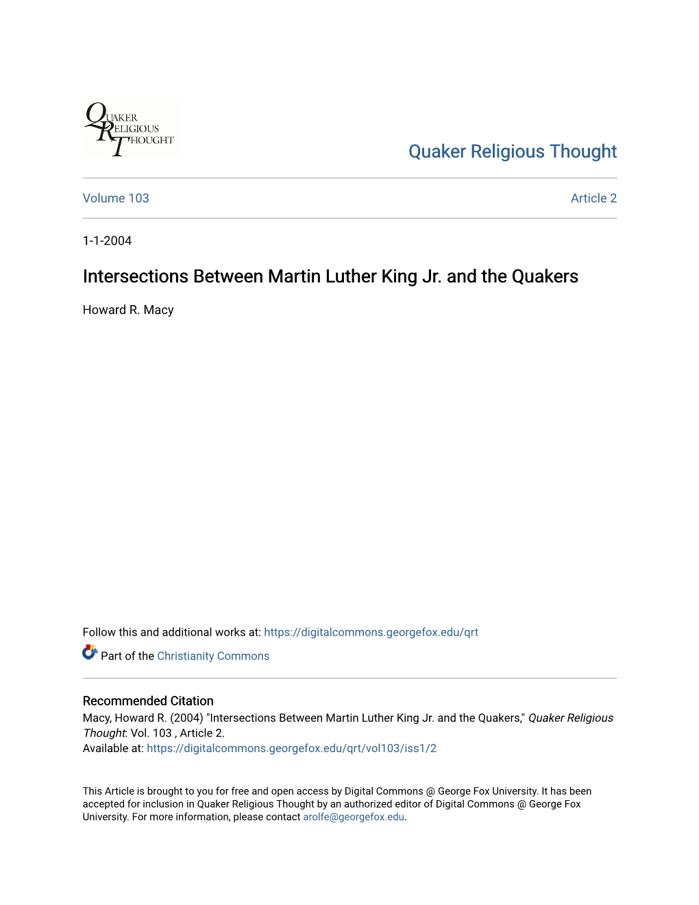 Intersections Between Martin Luther King Jr. and the Quakers