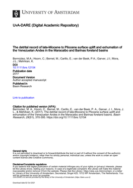 Miocene to Pliocene Surface Uplift and Exhumation of the Venezuelan Andes in the Maracaibo and Barinas Foreland Basins