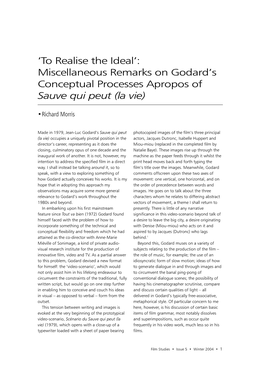 'To Realise the Ideal': Miscellaneous Remarks on Godard's Conceptual Processes Apropos of Sauve Qui Peut (La Vie)