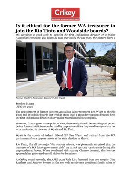 Is It Ethical for the Former WA Treasurer to Join the Rio Tinto and Woodside