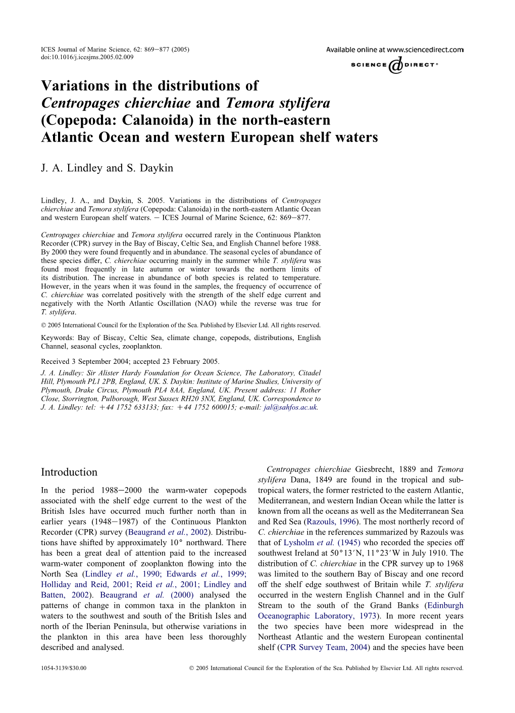Variations in the Distributions of Centropages Chierchiae and Temora Stylifera (Copepoda: Calanoida) in the North-Eastern Atlant