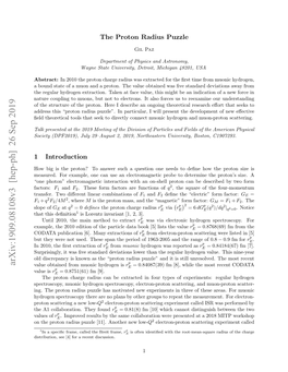 Arxiv:1909.08108V3 [Hep-Ph] 26 Sep 2019 Value Obtained from Muonic Hydrogen Is Re = 0.84087(39) Fm [8], While the Most Recent CODATA P Value Is Re = 0.8751(61) Fm [9]