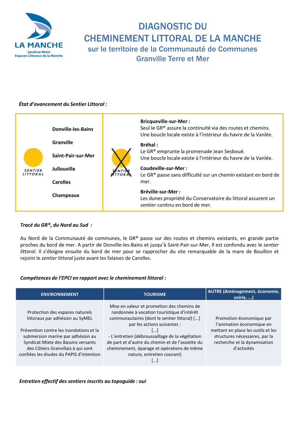 DIAGNOSTIC DU CHEMINEMENT LITTORAL DE LA MANCHE Sur Le Territoire De La Communauté De Communes Granville Terre Et Mer