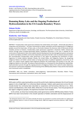 Damming Rainy Lake and the Ongoing Production of Hydrocolonialism in the US-Canada Boundary Waters