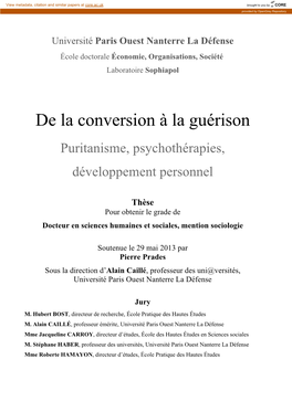 De La Conversion À La Guérison Puritanisme, Psychothérapies, Développement Personnel