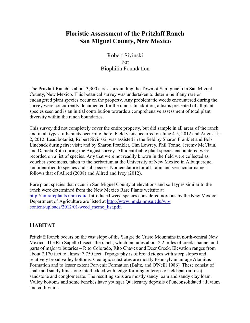 Floristic Assessment of the Pritzlaff Ranch San Miguel County, New Mexico