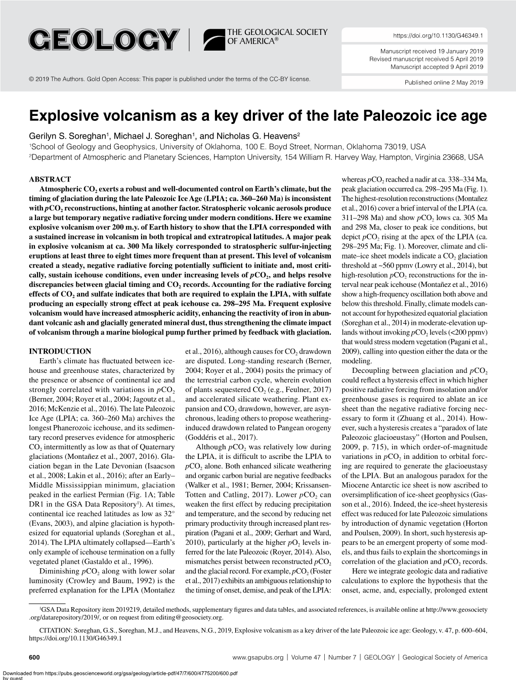 Explosive Volcanism As a Key Driver of the Late Paleozoic Ice Age Gerilyn S