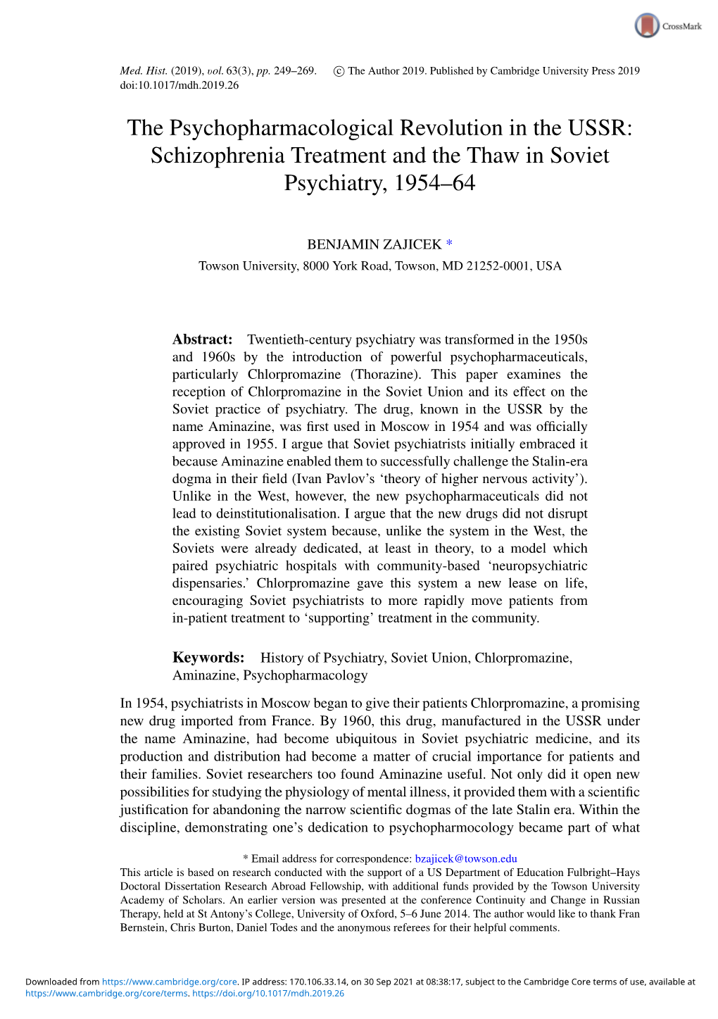 The Psychopharmacological Revolution in the USSR: Schizophrenia Treatment and the Thaw in Soviet Psychiatry, 1954–64