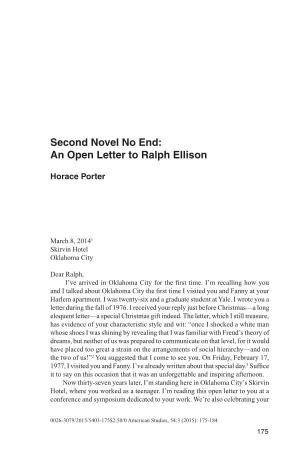 Second Novel No End: an Open Letter to Ralph Ellison