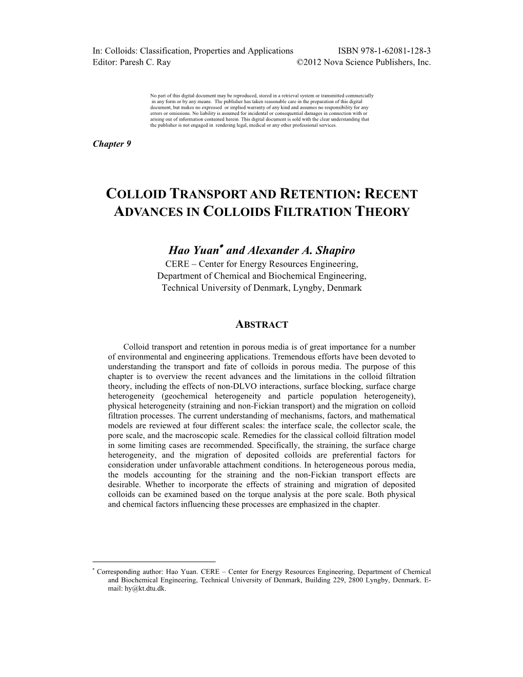 Colloid Transport and Retention: Recent Advances in Colloids Filtration Theory