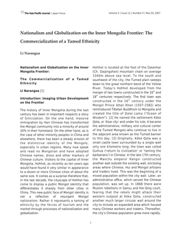 Nationalism and Globalization on the Inner Mongolia Frontier: the Commercialization of a Tamed Ethnicity