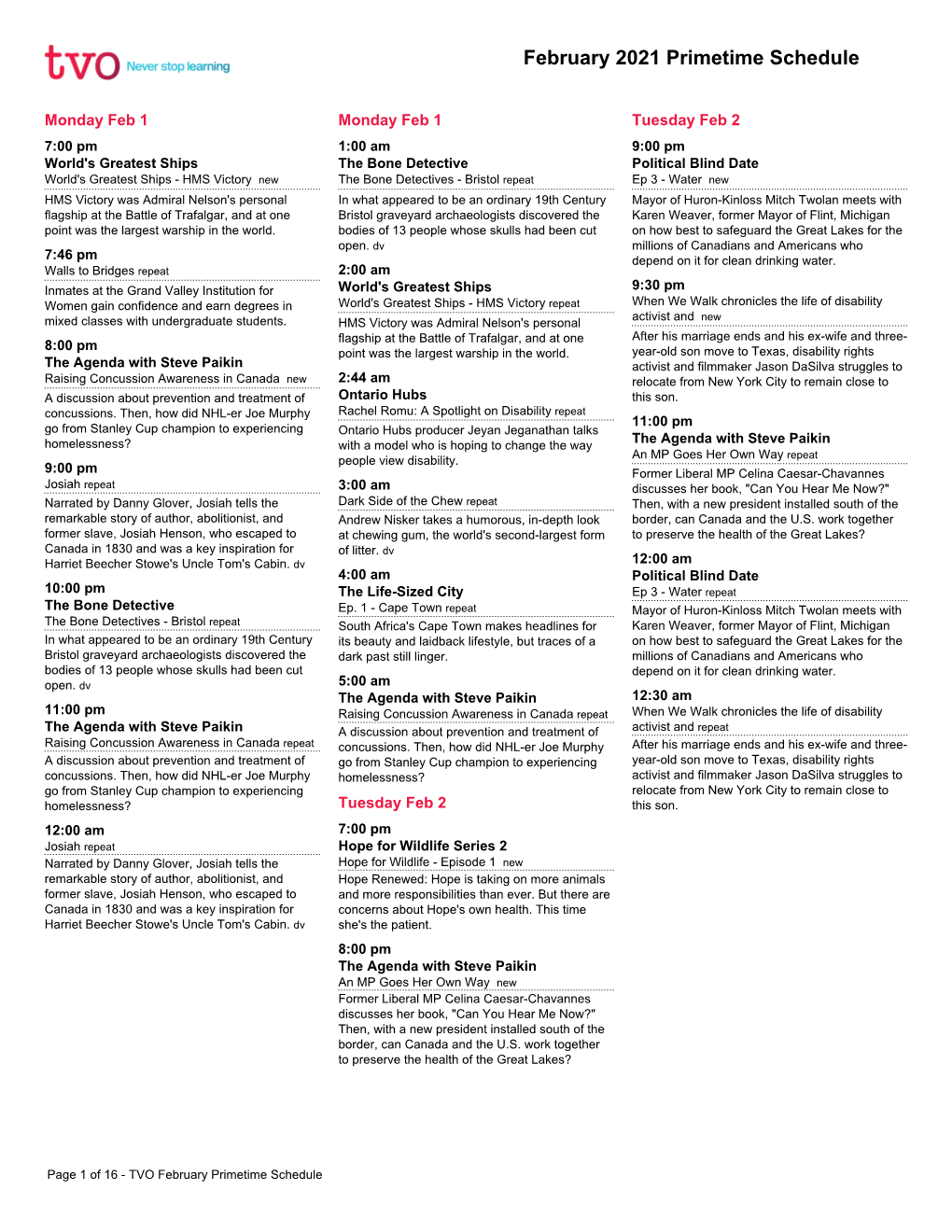 February 2021 Primetime Schedule