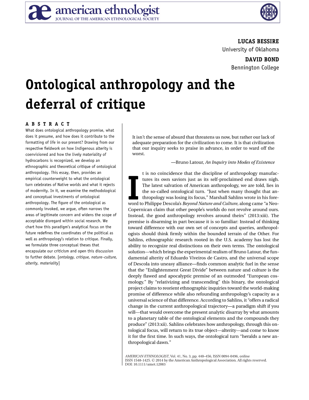 Ontological Anthropology and the Deferral of Critique