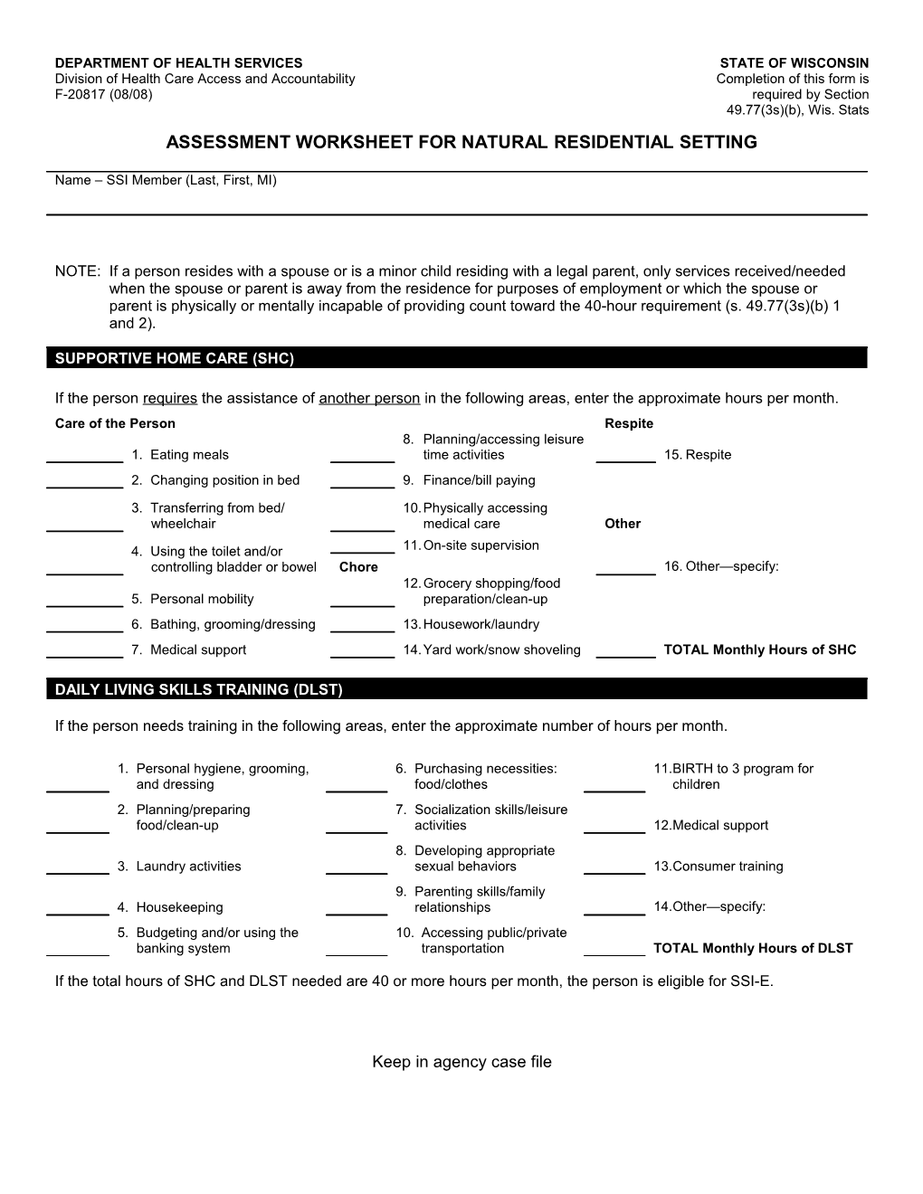 Assessment Worksheet for Natural Residential Setting