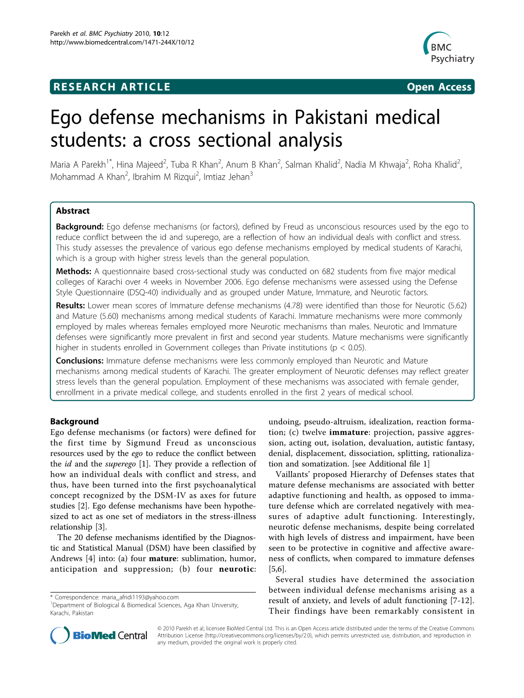 Ego Defense Mechanisms in Pakistani Medical Students