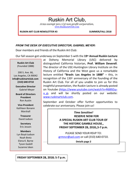Ruskin Art Club, a Tax Exempt 501 C (3) Non-Profit Corporation, RUSKIN ART CLUB NEWSLETTER #3 SUMMER/FALL 2018