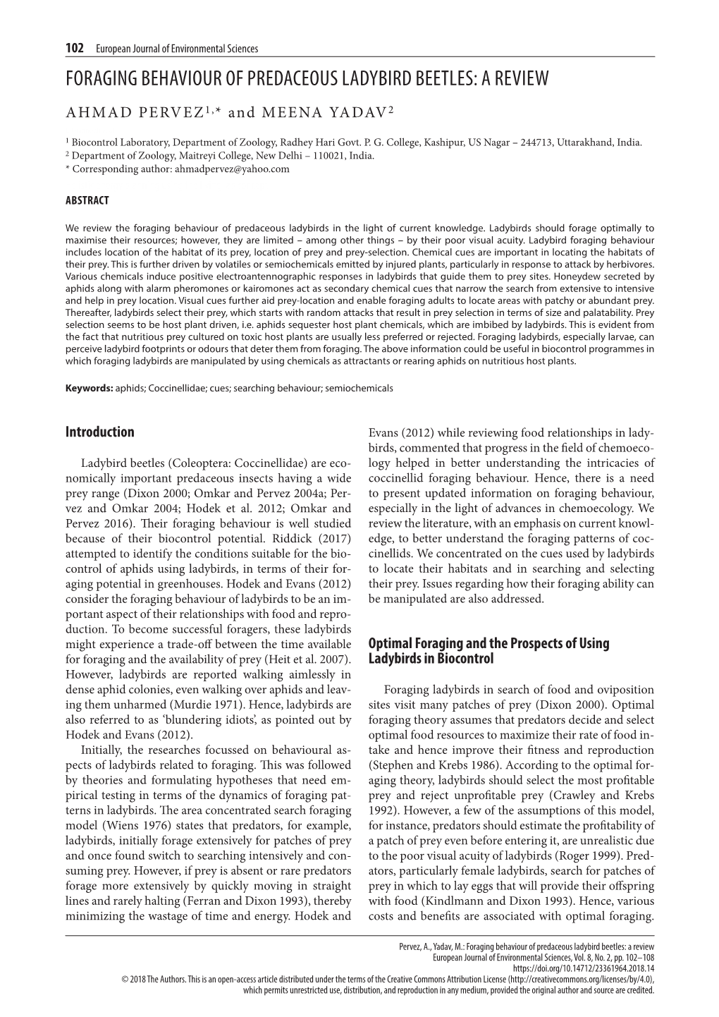 Foraging Behaviour of Predaceous Ladybird Beetles: a Review