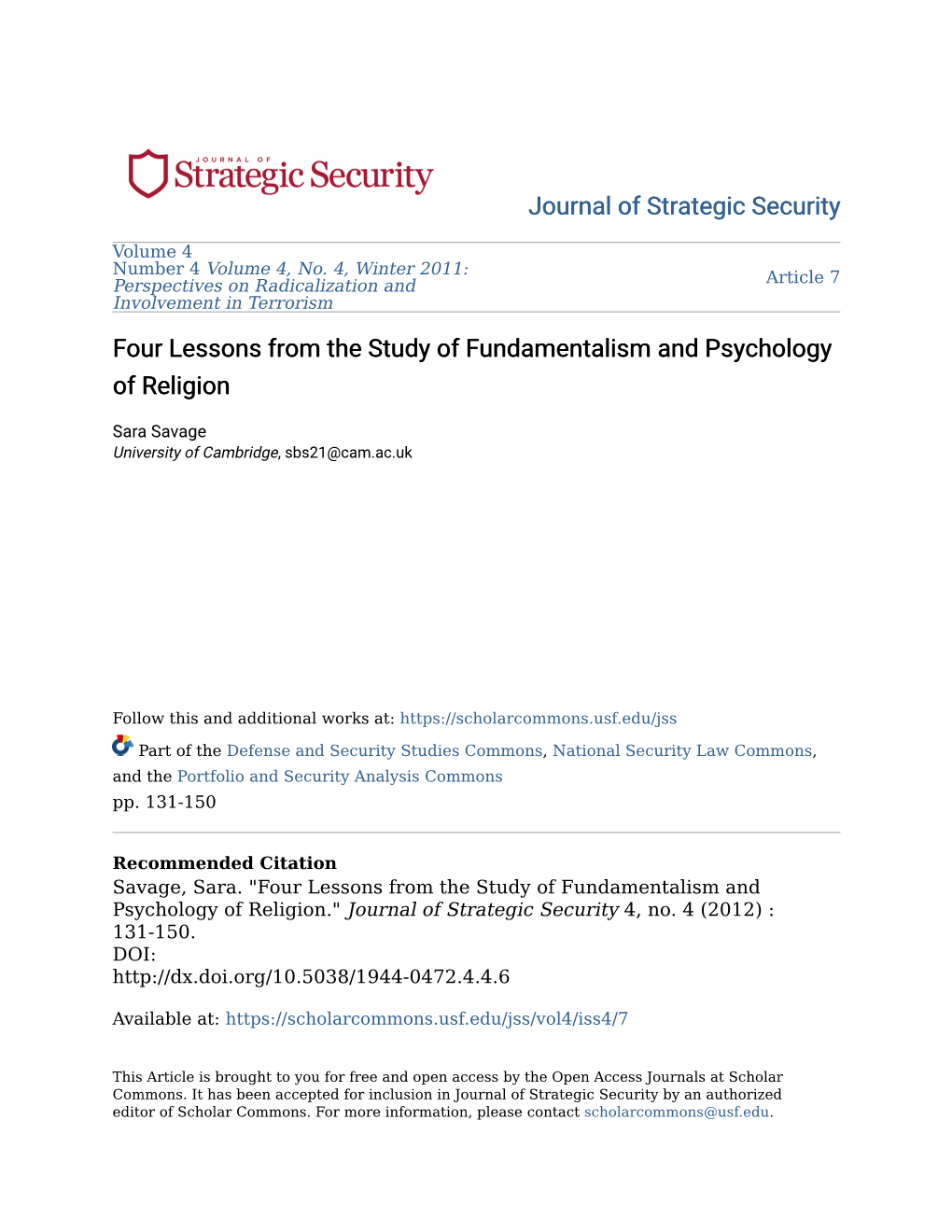 Four Lessons from the Study of Fundamentalism and Psychology of Religion