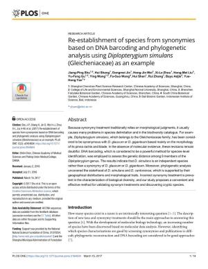 Re-Establishment of Species from Synonymies Based on DNA Barcoding and Phylogenetic Analysis Using Diplopterygium Simulans (Gleicheniaceae) As an Example