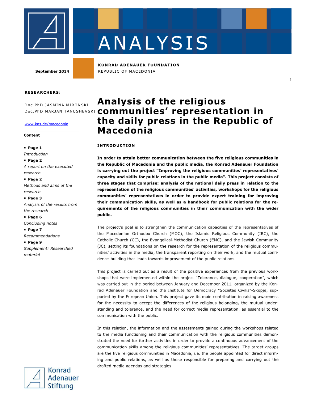 Analysis of the Religious Communities