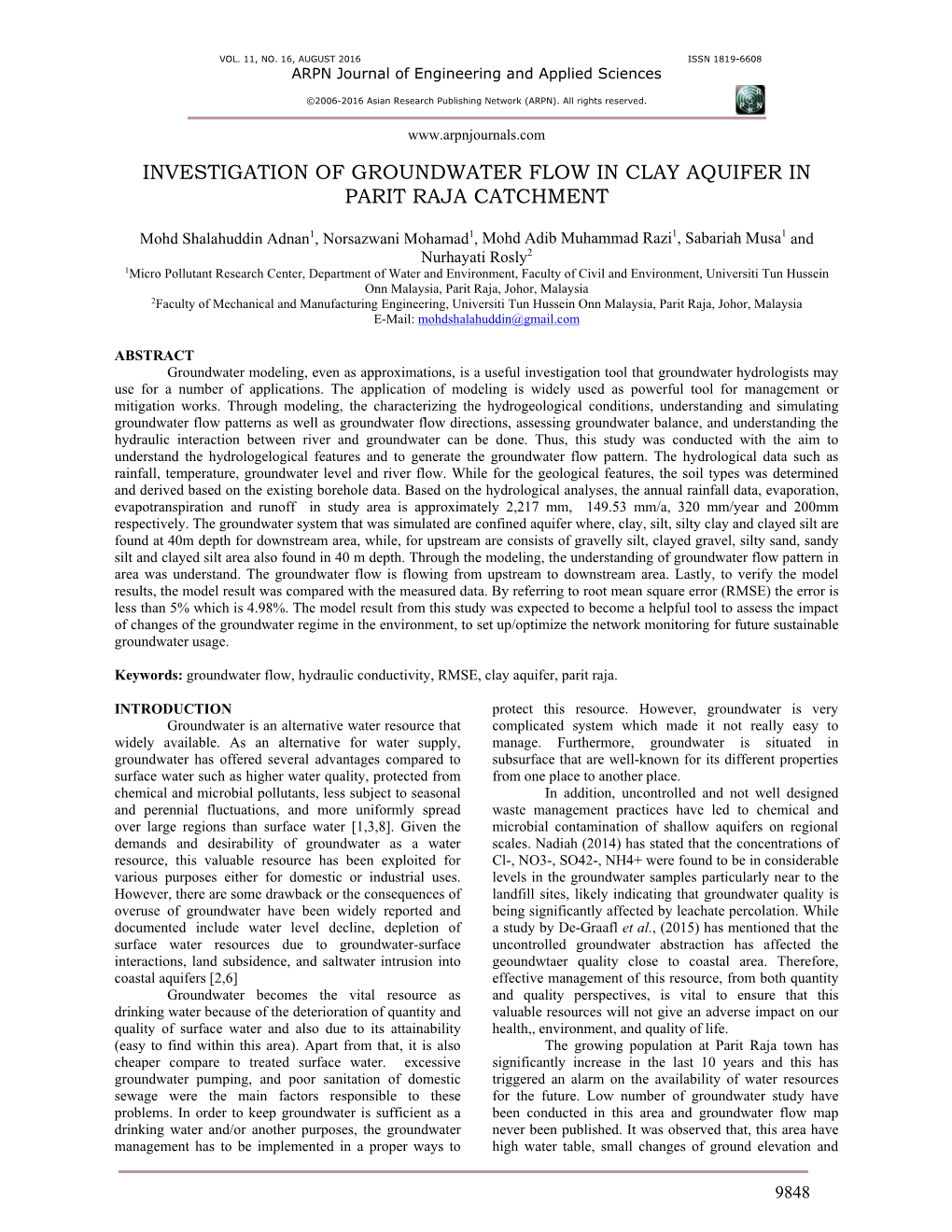 Investigation of Groundwater Flow in Clay Aquifer in Parit Raja Catchment