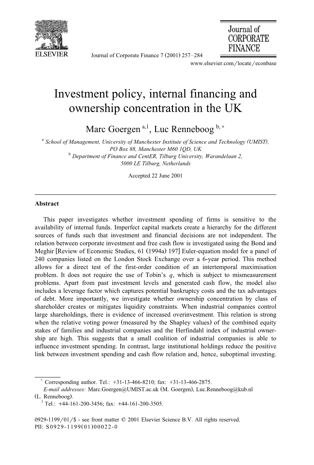 Investment Policy, Internal Financing and Ownership Concentration in the UK